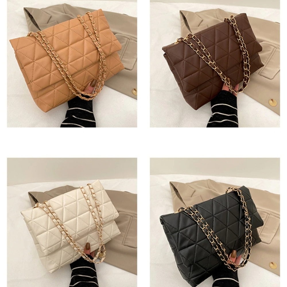 Quilted Gold Chain Shoulder Bag - Brown - Picture 4 of 9